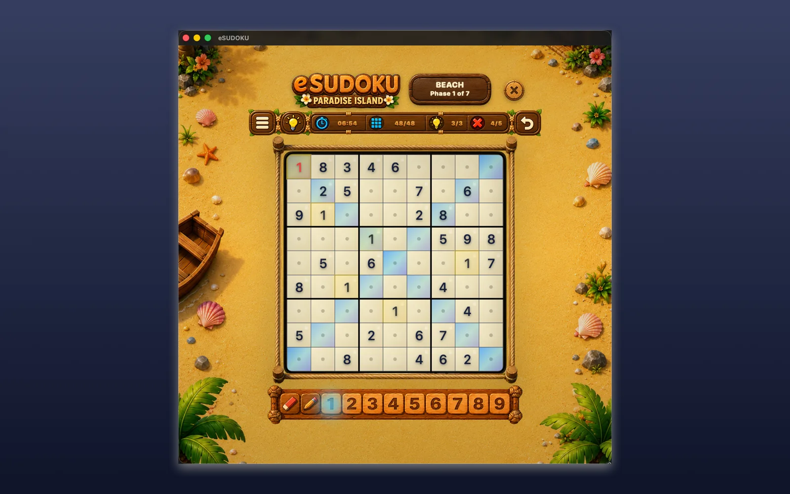 Partida do eSUDOKU com número selecionado.